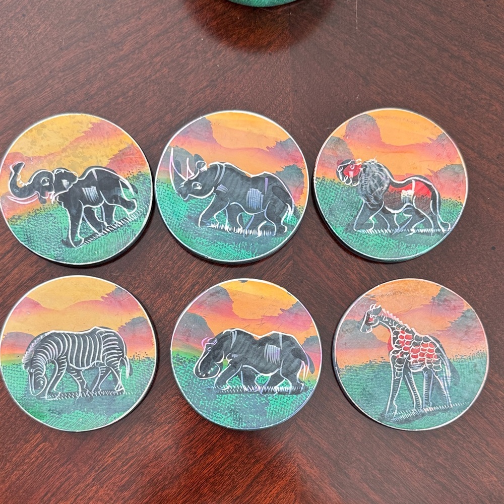Set of 6 Safari Animal Coasters - Colorful Sunset Design